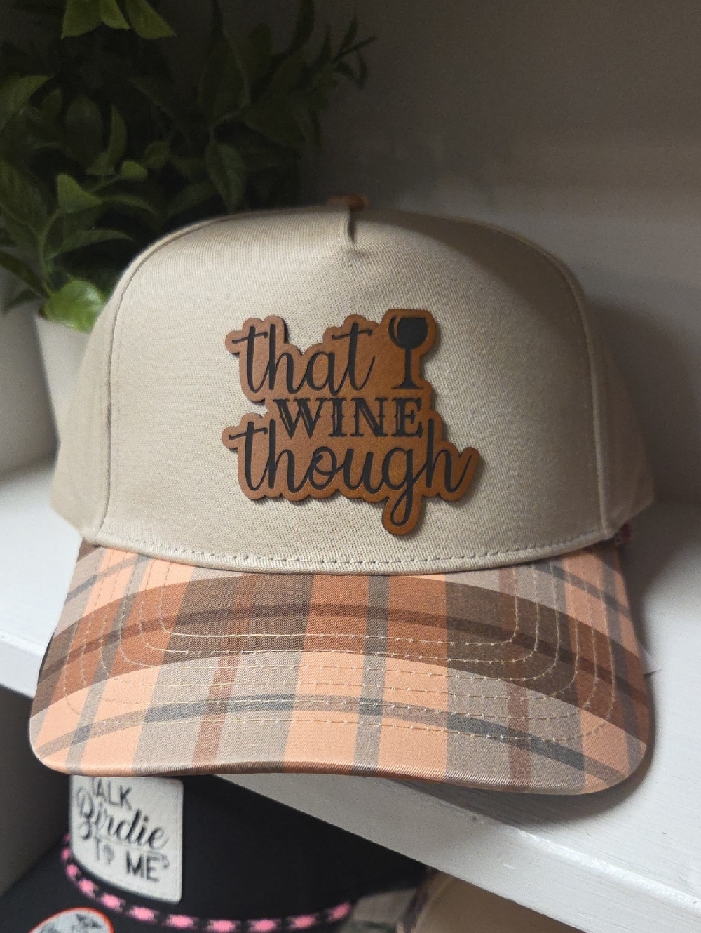 Beige Plaid Trucker Hat - "That Wine Though" Patch